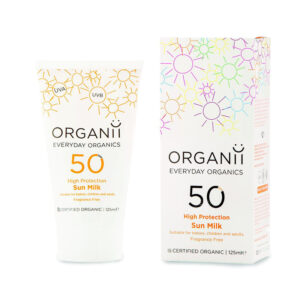 Crema solar Organii factor 50, para todo tipo de pieles, sin perfumes